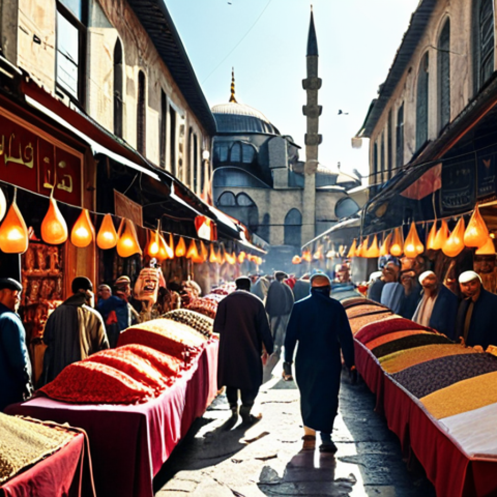 **

*   **Prompt:** Bustling Istanbul bazaar scene, colorful fabrics, spices, vendors bargaining, morning light, Turkish culture, crowded, vibrant atmosphere, traditional clothing.

**