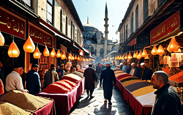 **
* **Prompt:** Bustling Istanbul bazaar scene, colorful fabrics, spices, vendors bargaining, morning light, Turkish culture, crowded, vibrant atmosphere, traditional clothing.
**