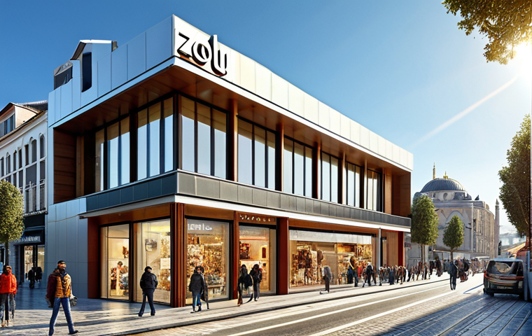 "A modern architectural rendering of Zolu Center in Istanbul, showcasing its contemporary design, vibrant shops, and art galleries, bathed in warm sunlight. Safe for work, appropriate content, fully clothed, professional."