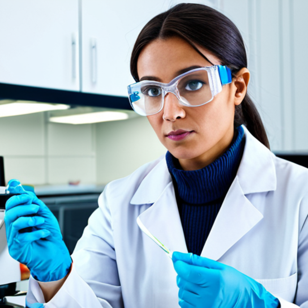 ** A female scientist in a fully clothed lab coat, working with lab equipment in a brightly lit, modern laboratory.  She is wearing safety glasses and gloves. Focus on her confident expression. Safe for work, appropriate content, professional, perfect anatomy, natural proportions, well-formed hands.

**