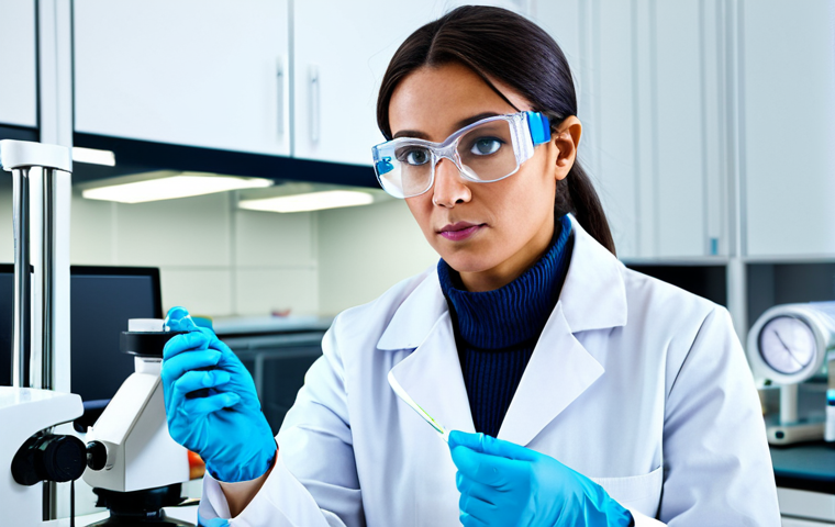 ** A female scientist in a fully clothed lab coat, working with lab equipment in a brightly lit, modern laboratory.  She is wearing safety glasses and gloves. Focus on her confident expression. Safe for work, appropriate content, professional, perfect anatomy, natural proportions, well-formed hands.

**