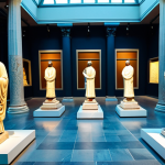 **

"Interior of the Istanbul Archaeology Museum, showcasing ancient artifacts. Marble statues, pottery displays, and examples of Islamic calligraphy are visible. The scene is well-lit, emphasizing the historical importance of the objects. Safe for work, appropriate content, fully clothed visitors are observing the exhibits. Perfect anatomy in statues, correct proportions, professional museum photography, family-friendly environment."

**