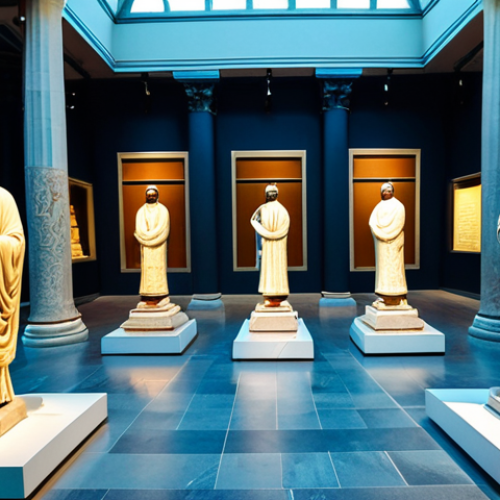 **

"Interior of the Istanbul Archaeology Museum, showcasing ancient artifacts. Marble statues, pottery displays, and examples of Islamic calligraphy are visible. The scene is well-lit, emphasizing the historical importance of the objects. Safe for work, appropriate content, fully clothed visitors are observing the exhibits. Perfect anatomy in statues, correct proportions, professional museum photography, family-friendly environment."

**