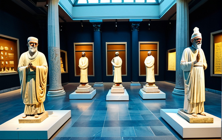 **

"Interior of the Istanbul Archaeology Museum, showcasing ancient artifacts. Marble statues, pottery displays, and examples of Islamic calligraphy are visible. The scene is well-lit, emphasizing the historical importance of the objects. Safe for work, appropriate content, fully clothed visitors are observing the exhibits. Perfect anatomy in statues, correct proportions, professional museum photography, family-friendly environment."

**
