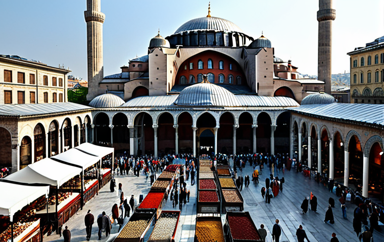 **

"A bustling scene in Istanbul, Turkey. The Hagia Sophia stands majestically in the background. In the foreground, fully clothed people are shopping for carpets, spices, and jewelry at the Grand Bazaar. Professional photography, safe for work, appropriate content, modest attire, perfect anatomy, natural pose, high quality."

**