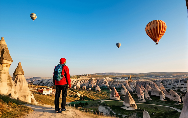 **Cappadocia Landscape:** "A fully clothed traveler in modest hiking attire stands on a hill overlooking the surreal landscape of Cappadocia, Turkey. Hot air balloons dot the early morning sky. Fairy chimneys and rock formations fill the scene. Perfect anatomy, correct proportions, natural pose, safe for work, appropriate content, family-friendly, professional photography, high quality."