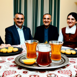 A professional food photographer's shot of a Turkish tea ceremony. Focus on the tulip-shaped glasses filled with amber tea, set on a traditional patterned tablecloth. Background includes a warm, inviting Turkish home interior. Fully clothed family members are smiling and engaging in conversation. Safe for work, appropriate content, modest attire, perfect anatomy, natural proportions, high quality.