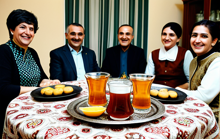 A professional food photographer's shot of a Turkish tea ceremony. Focus on the tulip-shaped glasses filled with amber tea, set on a traditional patterned tablecloth. Background includes a warm, inviting Turkish home interior. Fully clothed family members are smiling and engaging in conversation. Safe for work, appropriate content, modest attire, perfect anatomy, natural proportions, high quality.