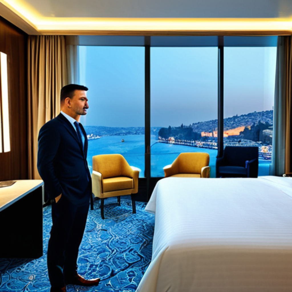 튀르키예의 현대적 호텔 체험 - **Prompt:** Modern hotel room in Istanbul, overlooking the Bosphorus, high-tech amenities, luxury in...
