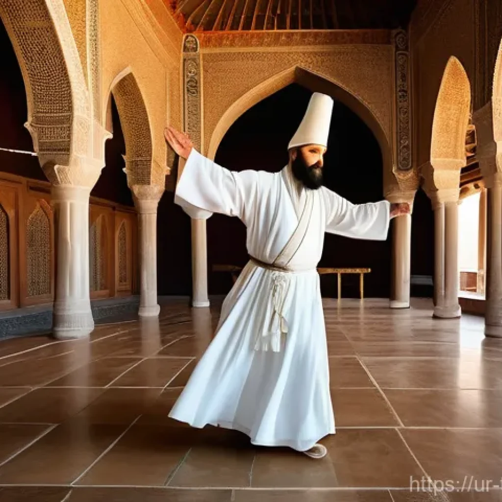 튀르키예의 주요 문화 예술 사례 - **A Whirling Dervish performing the Sema ceremony.** The dervish, a male figure, is dressed in a flo...