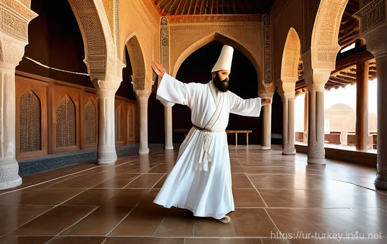 튀르키예의 주요 문화 예술 사례 - **A Whirling Dervish performing the Sema ceremony.** The dervish, a male figure, is dressed in a flo...