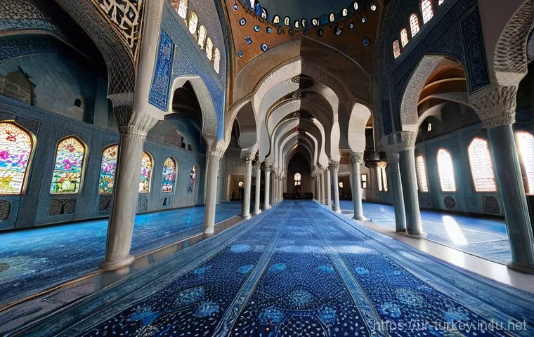 튀르키예의 전통 사원과 종교적 의식 - **Prompt 1: The Serene Majesty of the Blue Mosque Interior**
    "A wide-angle interior shot capturi...