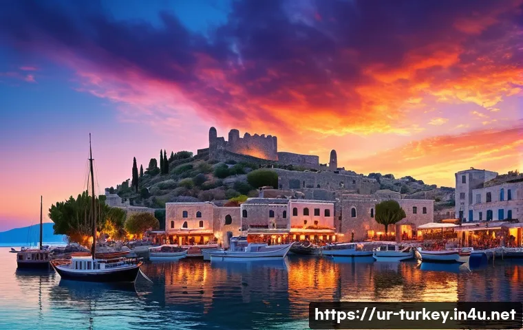 튀르키예 주요 섬 관광 루트 - **Aegean Island Harbor at Sunset**: "A vibrant, picturesque harbor scene on a Turkish Aegean island,...